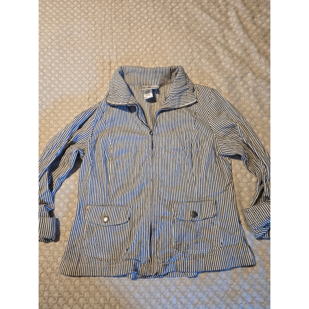 Oso Casuals Striped Zip Up Jacket Womens Medium Blue White Good‎ Utility Peplum